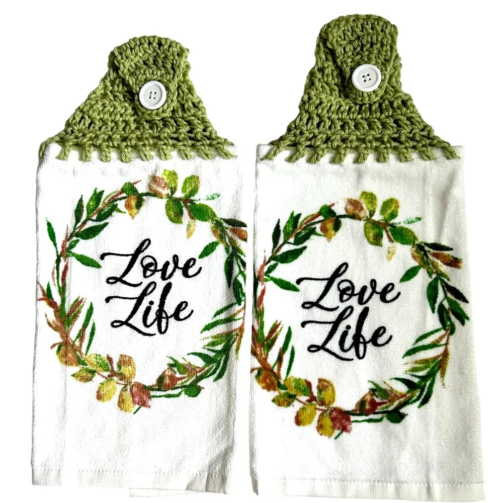 HAND CRAFTED Colorful Crocheted Top Hanging Kitchen or Bathroom Hand Towels - Picture 4 of 7